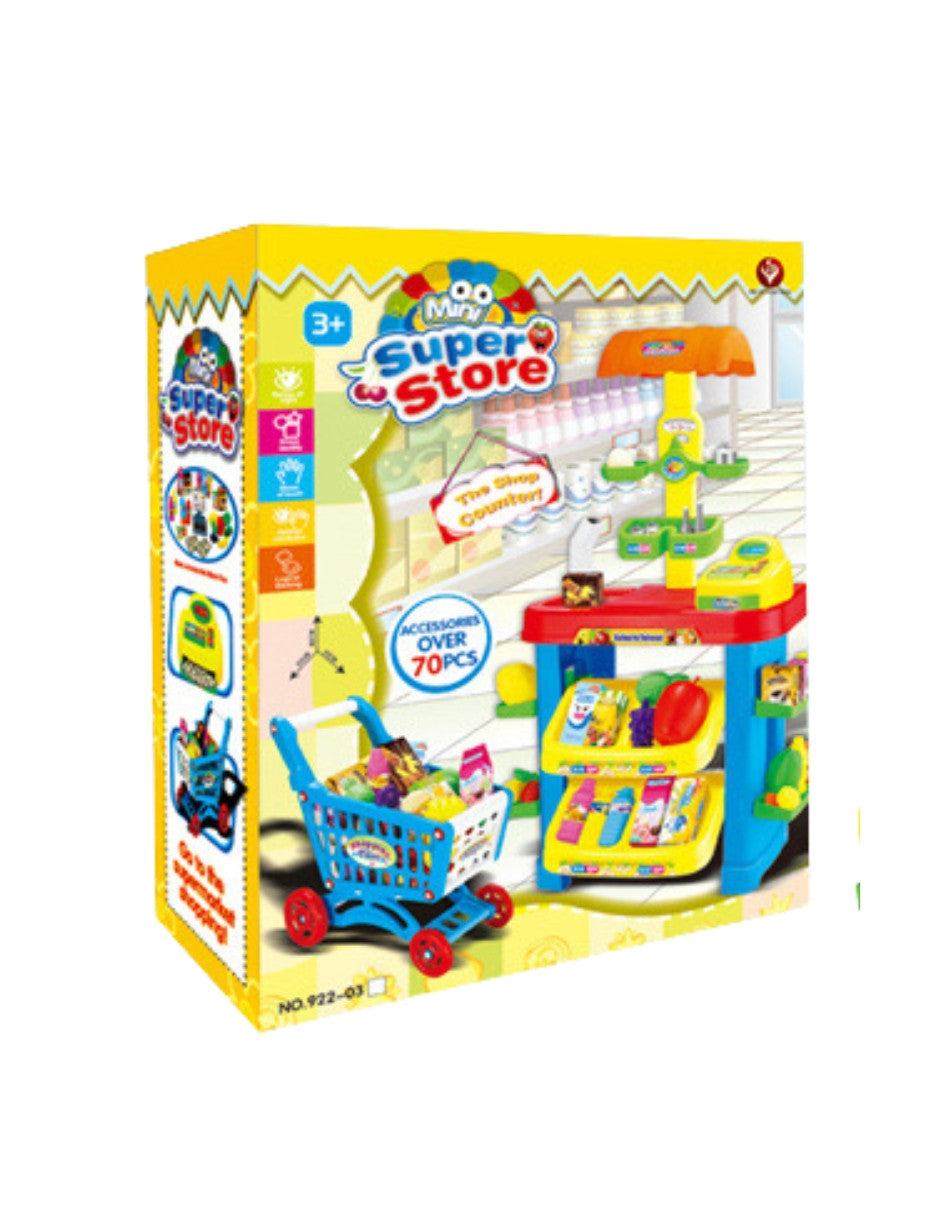 PINGÜE® - Set a escala Supermercado para niños con Luces y Sonidos | Incluye 70 Piezas de accesorios | Incluye Mostrador de Supermercado, Caja Registradora, Carrito de Compras, Báscula, Scanner, Abarrotes y Alimentos | Luces, Sonidos y Voz