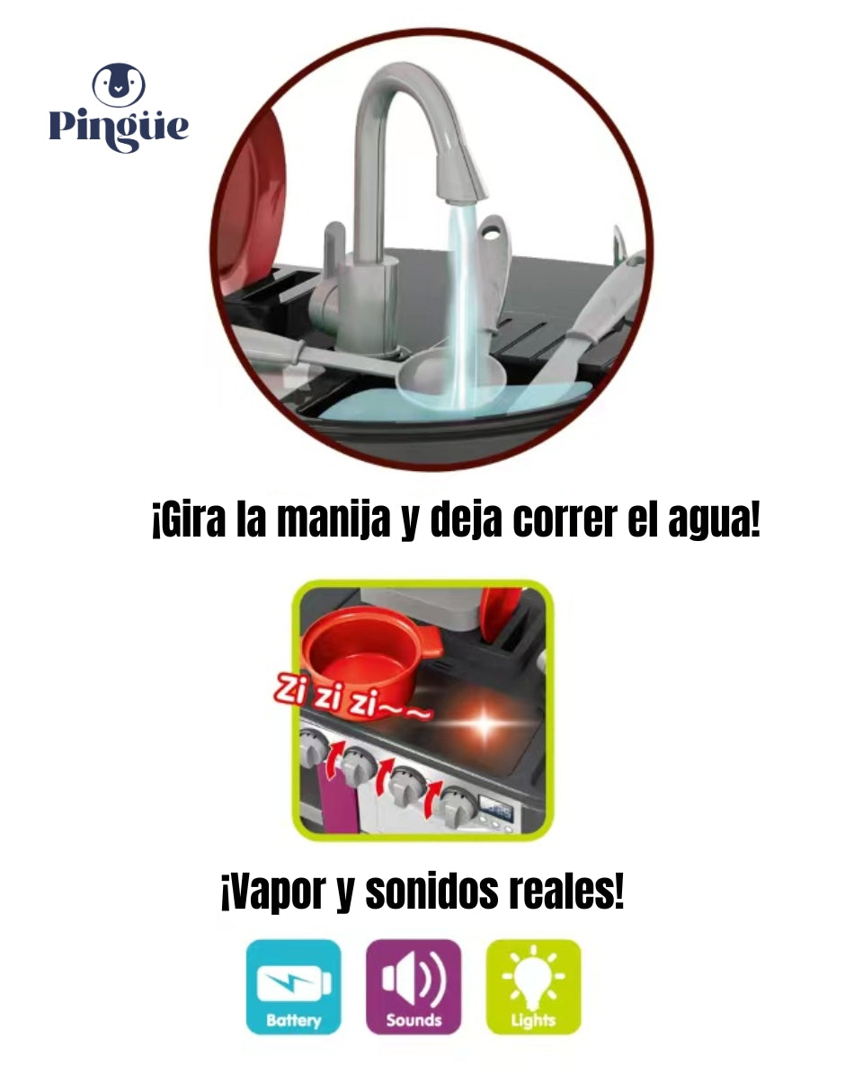PINGÜE® Role Play | Set a escala de cocina de juguete para niños y niñas con luces y sonidos, y más de 58 piezas. | Incluye cocina a escala, accesorios, utensilios, verduras, sonidos y luz. | Juguete infantil didáctico para niña y niño