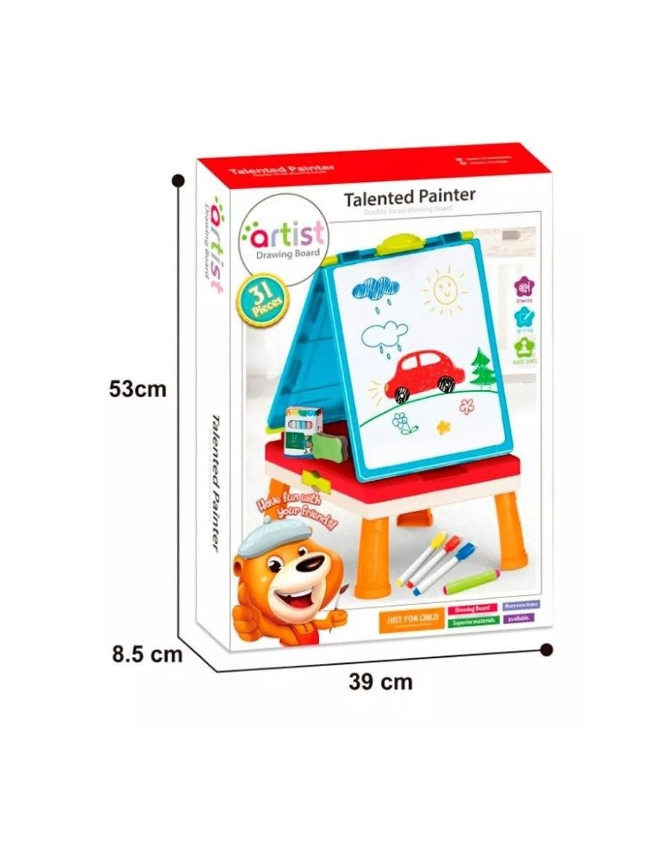 PINGÜE® Caballete y Pizarrón de Doble Vista para dibujo | Portátil y fácil de guardar | Tablero Magnético y Pizarrón | Doble Cara | Juguetes Educativos y Creativos para Preescolares | Incluye Caballete, Gis, Plumones, Borradores y Juego de Mesa