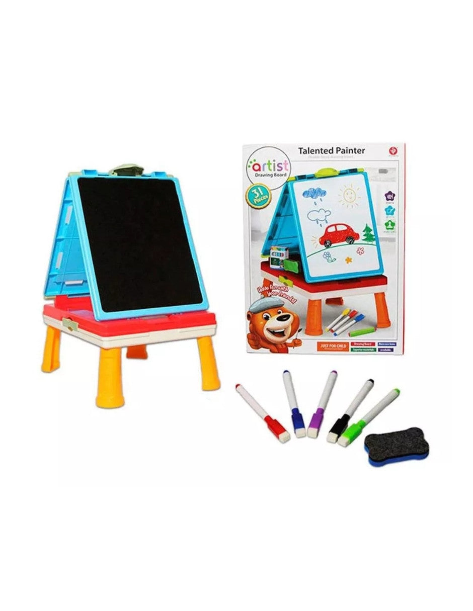PINGÜE® Caballete y Pizarrón de Doble Vista para dibujo | Portátil y fácil de guardar | Tablero Magnético y Pizarrón | Doble Cara | Juguetes Educativos y Creativos para Preescolares | Incluye Caballete, Gis, Plumones, Borradores y Juego de Mesa