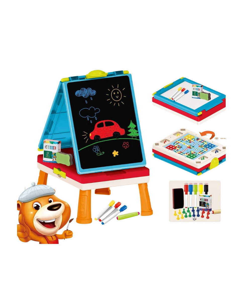 PINGÜE® Caballete y Pizarrón de Doble Vista para dibujo | Portátil y fácil de guardar | Tablero Magnético y Pizarrón | Doble Cara | Juguetes Educativos y Creativos para Preescolares | Incluye Caballete, Gis, Plumones, Borradores y Juego de Mesa