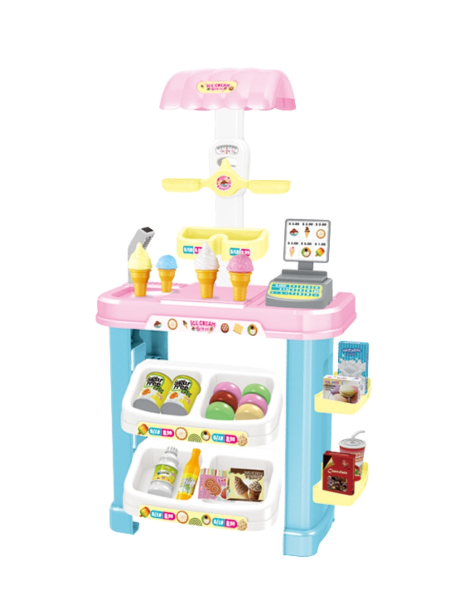 PINGÜE® Role Play | Set a Escala Heladería de juguete para niños de 36 piezas con Luces y Sonidos | Incluye mostrador de Heladería, Caja registradora, Balanza, Scanner y Accesorios |