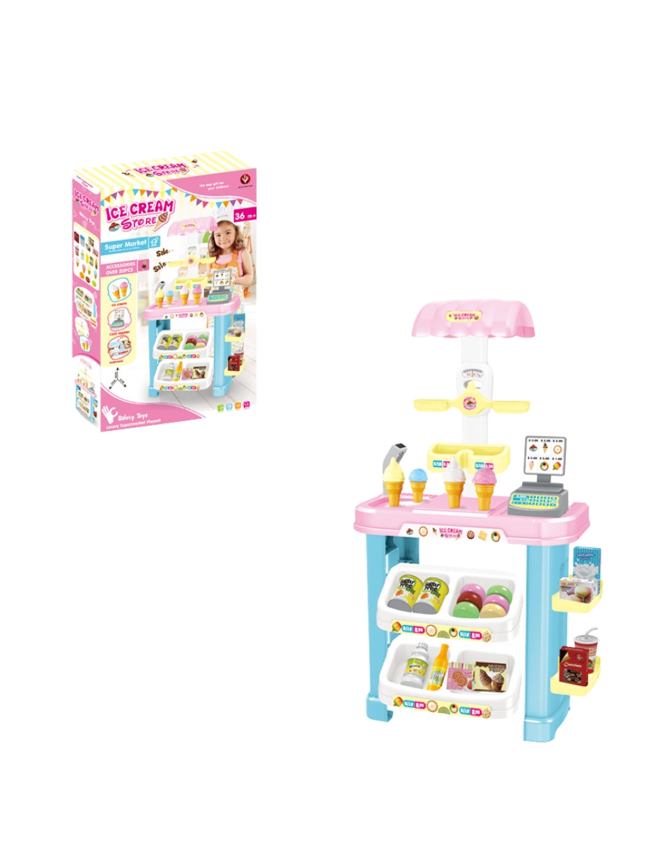 PINGÜE® Role Play | Set a Escala Heladería de juguete para niños de 36 piezas con Luces y Sonidos | Incluye mostrador de Heladería, Caja registradora, Balanza, Scanner y Accesorios |