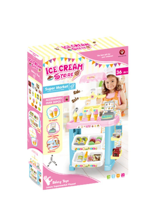 PINGÜE® Role Play | Set a Escala Heladería de juguete para niños de 36 piezas con Luces y Sonidos | Incluye mostrador de Heladería, Caja registradora, Balanza, Scanner y Accesorios |