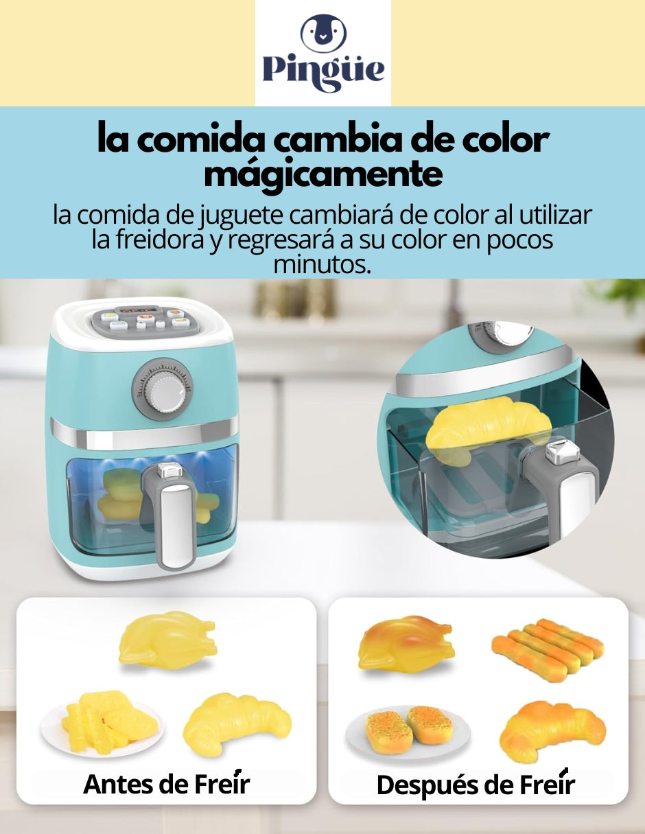 PINGÜE® Role Play | Set a escala de Air Fryer eléctrica estilo Trendy | Color Azul Pastel | Juguetes Niños yNiñas