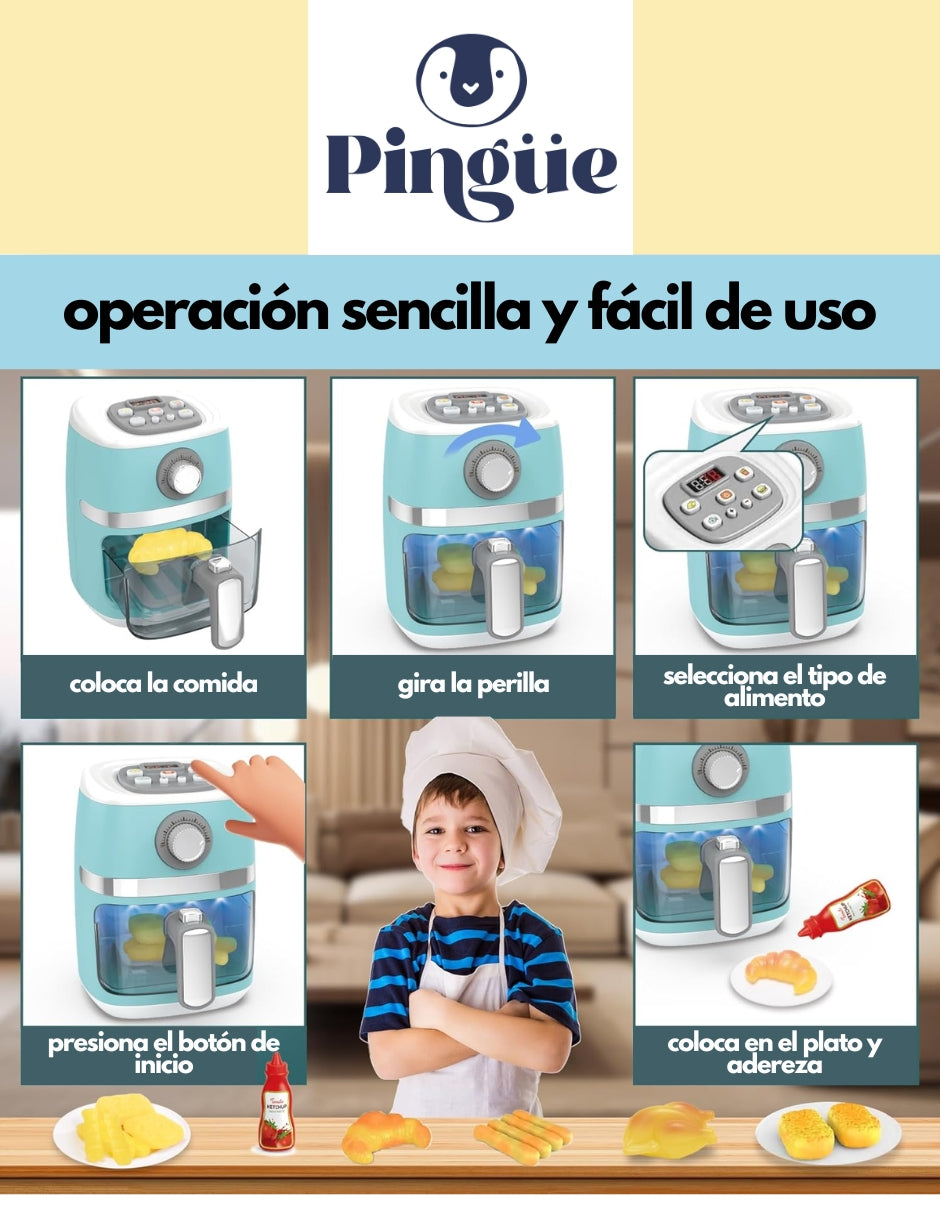 PINGÜE® Role Play | Set a escala de Air Fryer eléctrica estilo Trendy | Color Azul Pastel | Juguetes Niños yNiñas