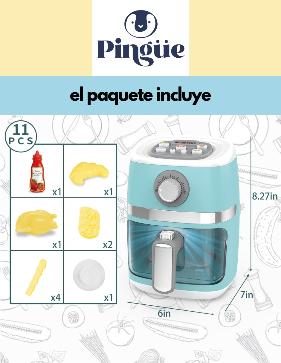 PINGÜE® Role Play | Set a escala de Air Fryer eléctrica estilo Trendy | Color Azul Pastel | Juguetes Niños yNiñas