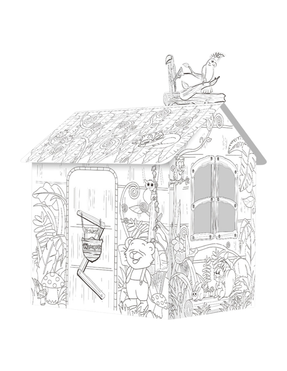 PINGÜE® DIY Doodle | Casa de la Jungla 79x63x109 | Casa Armable de Cartón para Niños | Apto para Pintar | Incluye 6 Marcadores | Uso Interior y Exterior | Amigable al Medio Ambiente | Juguetes Niños y Niñas | Juguete Educativo