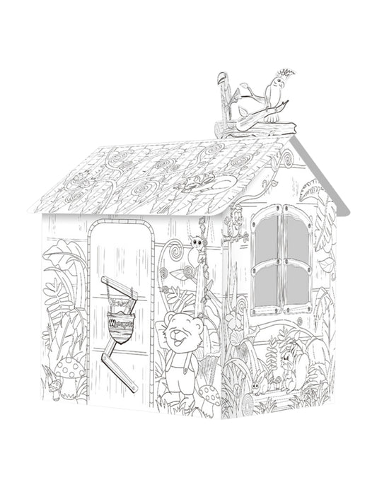 PINGÜE® DIY Doodle | Casa de la Jungla 79x63x109 | Casa Armable de Cartón para Niños | Apto para Pintar | Incluye 6 Marcadores | Uso Interior y Exterior | Amigable al Medio Ambiente | Juguetes Niños y Niñas | Juguete Educativo