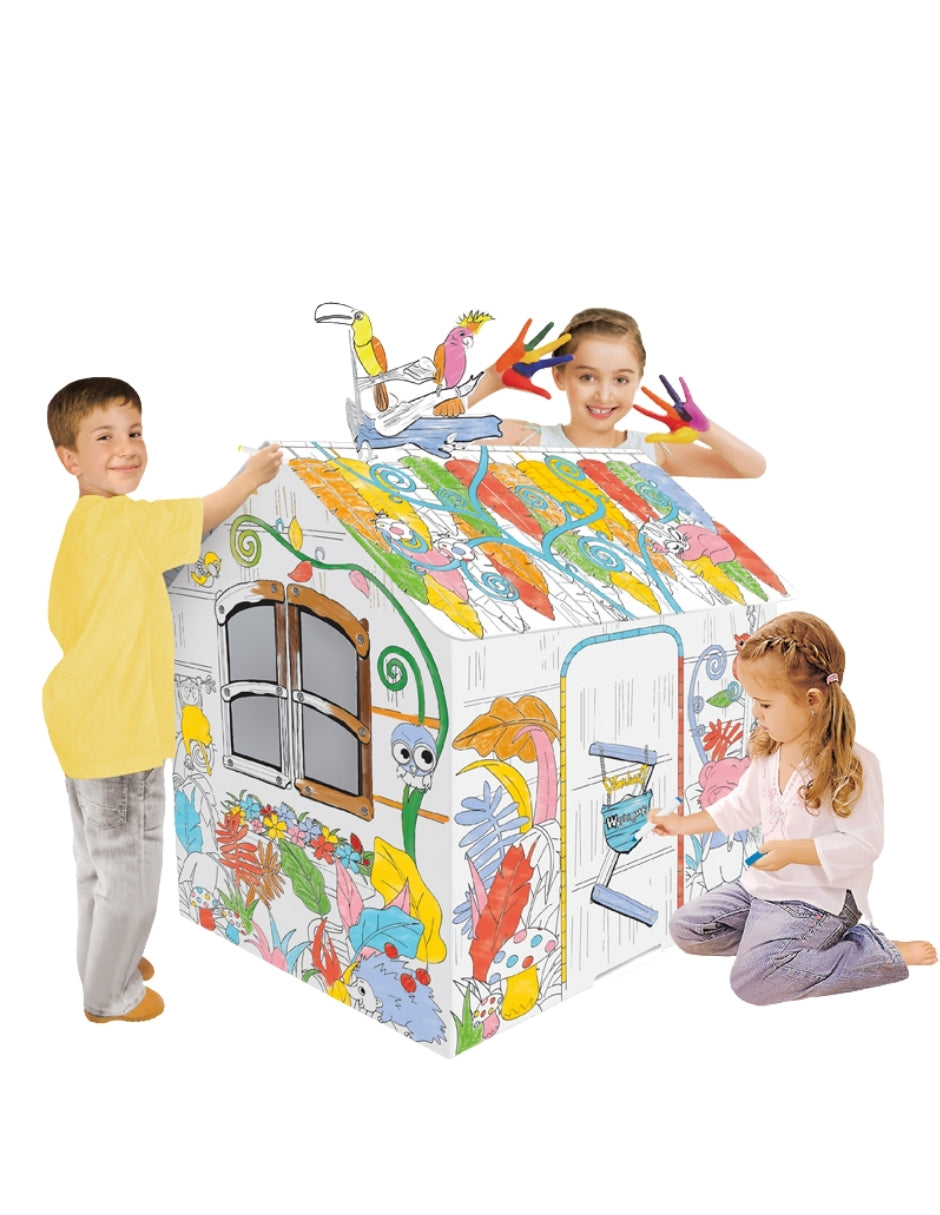 PINGÜE® DIY Doodle | Casa de la Jungla 79x63x109 | Casa Armable de Cartón para Niños | Apto para Pintar | Incluye 6 Marcadores | Uso Interior y Exterior | Amigable al Medio Ambiente | Juguetes Niños y Niñas | Juguete Educativo