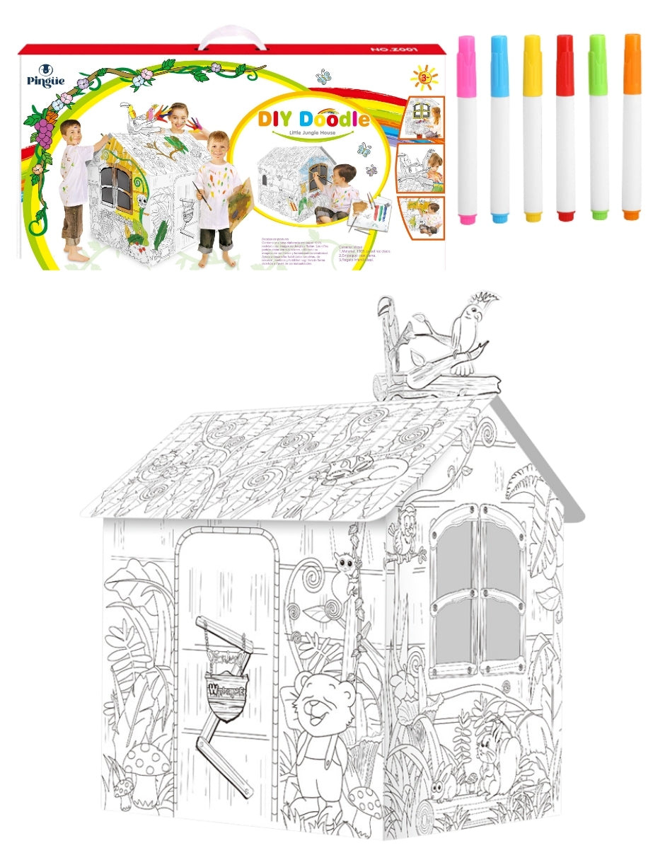 PINGÜE® DIY Doodle | Casa de la Jungla 79x63x109 | Casa Armable de Cartón para Niños | Apto para Pintar | Incluye 6 Marcadores | Uso Interior y Exterior | Amigable al Medio Ambiente | Juguetes Niños y Niñas | Juguete Educativo