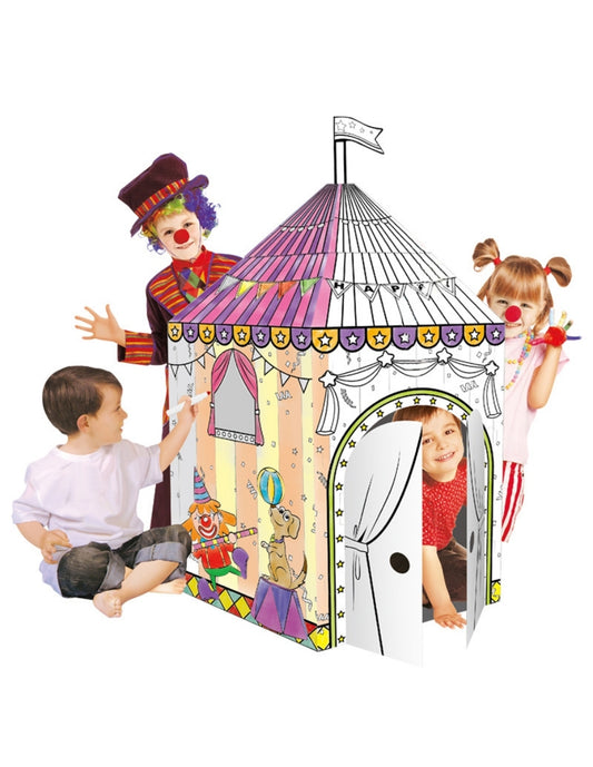 PINGÜE® DIY Doodle | Carpa de Circo 102x88x147 | Carpa Armable de Cartón para Niños | Apta para Pintar | Incluye 6 Marcadores de Colores | Uso Interior y Exterior | Amigable al Medio Ambiente | Juguetes Niños y Niñas | Juguete Educativo