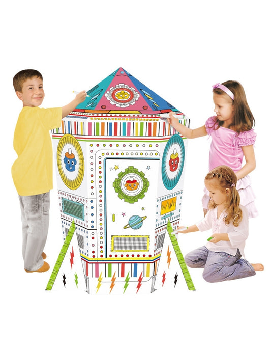 PINGÜE® DIY Doodle | Cohete Espacial 82x76x119 | Cohete de Cartón para Niños | Apto para Pintar | Incluye 6 Marcadores de Colores | Uso Interior y Exterior | Amigable al Medio Ambiente | Juguetes Niños y Niñas | Juguete Educativo