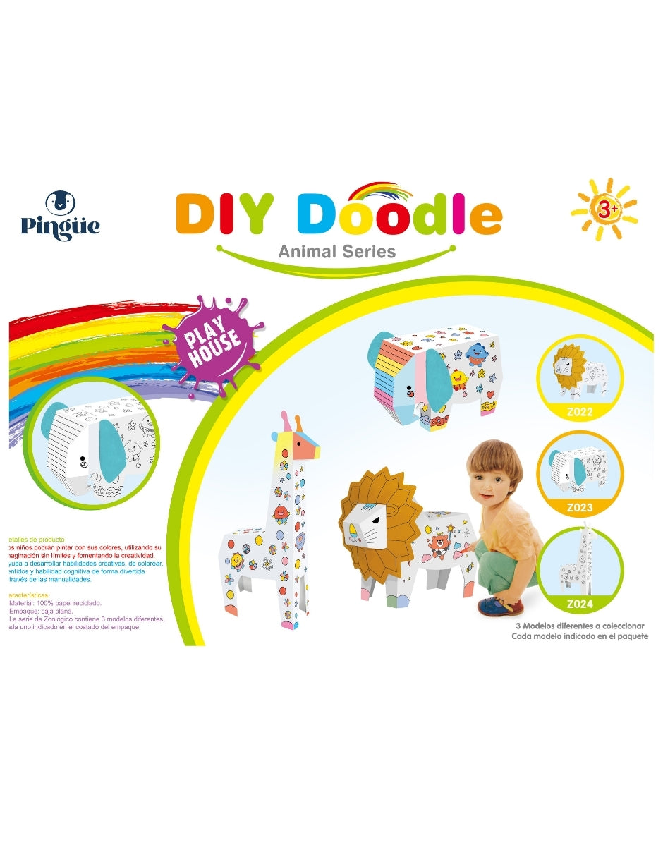 PINGÜE® DIY Doodle | Elefante 34x22x14 | Elefante Armable de Cartón para Niños | Apto para Pintar | Incluye 6 Marcadores de Colores | Uso Interior y Exterior | Pulpa Vegetal Amigable al Medio Ambiente | Juguetes Niños y Niñas | Juguete Educativo