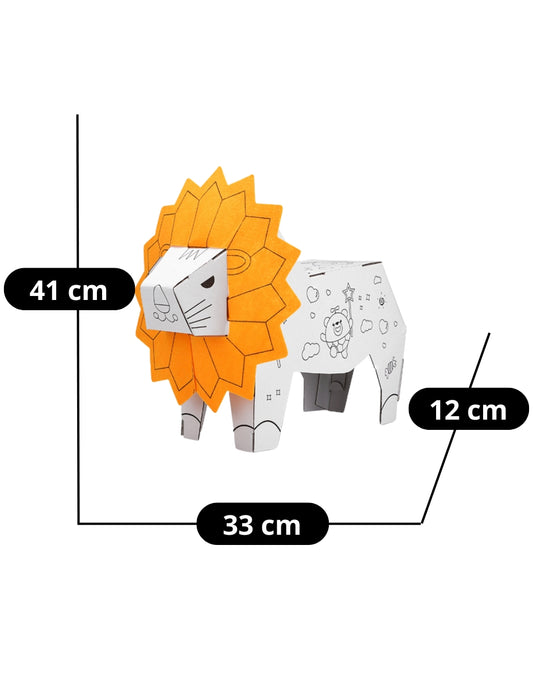 PINGÜE® DIY Doodle | León 41x12x33, León Armable de Cartón para Niños, Apto para Pintar, Incluye 6 Marcadores de Colores, Uso Interior y Exterior, Pulpa Vegetal Amigable al Medio Ambiente. Juguetes Niños y Niñas | Juego Educativo