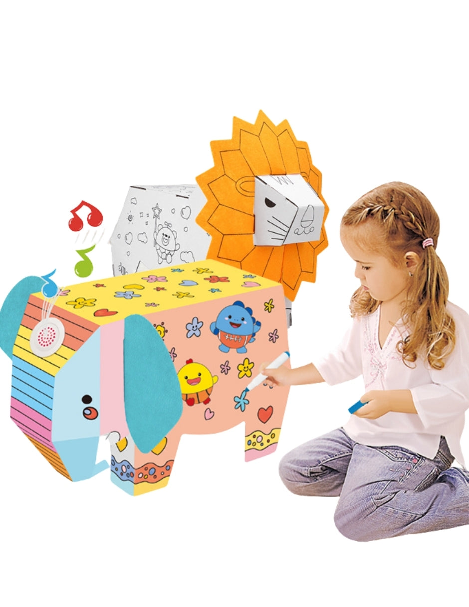 PINGÜE® DIY Doodle | Elefante 34x22x14 | Elefante Armable de Cartón para Niños | Apto para Pintar | Incluye 6 Marcadores de Colores | Uso Interior y Exterior | Pulpa Vegetal Amigable al Medio Ambiente | Juguetes Niños y Niñas | Juguete Educativo