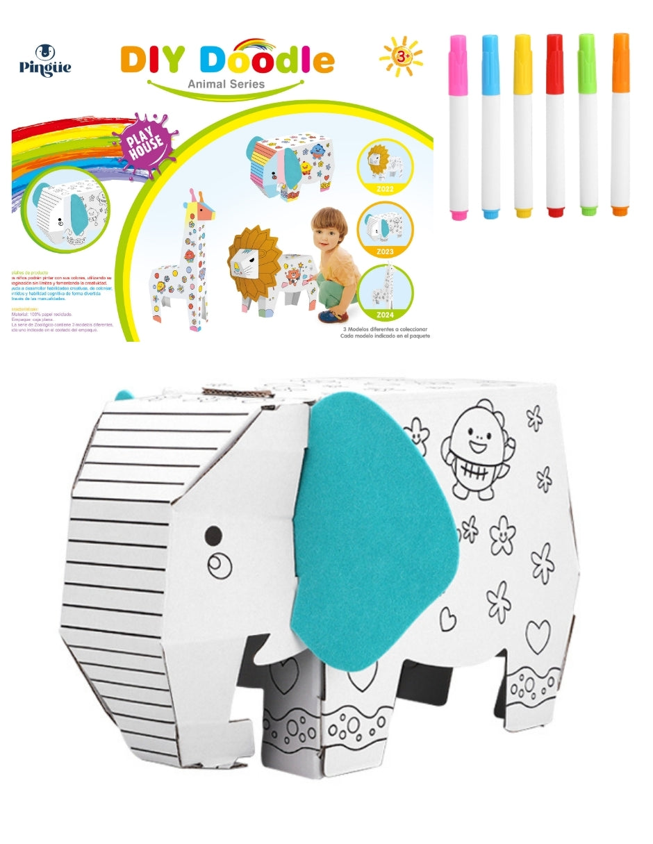PINGÜE® DIY Doodle | Elefante 34x22x14 | Elefante Armable de Cartón para Niños | Apto para Pintar | Incluye 6 Marcadores de Colores | Uso Interior y Exterior | Pulpa Vegetal Amigable al Medio Ambiente | Juguetes Niños y Niñas | Juguete Educativo