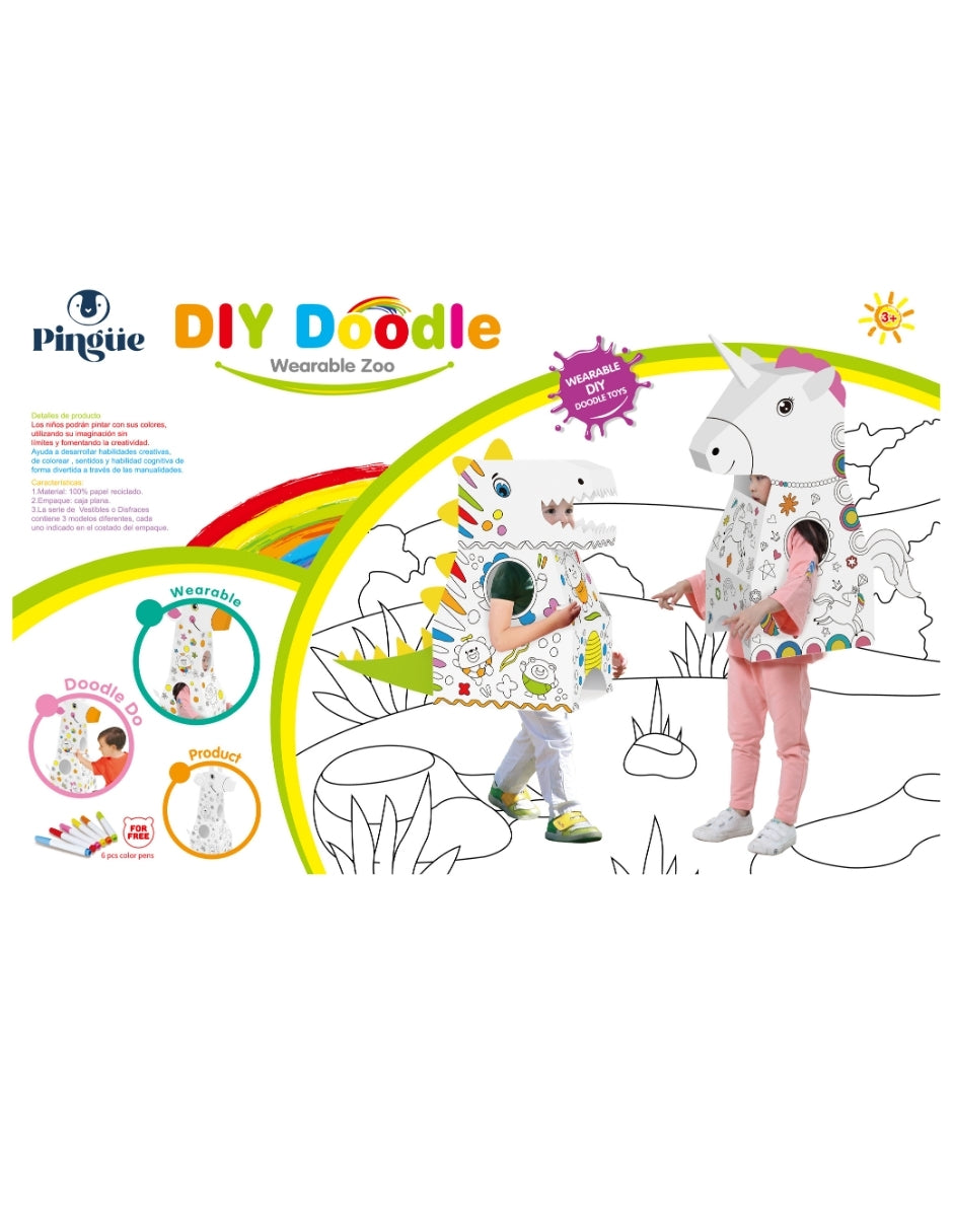 PINGÜE® DIY Doodle | Botarga Pullover Dinosaurio 37x82x79 | Armable para Niños | Apto para Pintar | Incluye 6 Marcadores de Colores | Uso Interior y Exterior | Amigable al Medio Ambiente | Juguetes Niños y Niñas | Juguete Educativo