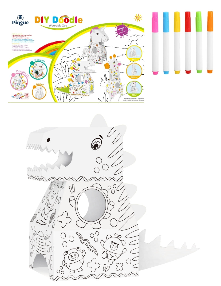 PINGÜE® DIY Doodle | Botarga Pullover Dinosaurio 37x82x79 | Armable para Niños | Apto para Pintar | Incluye 6 Marcadores de Colores | Uso Interior y Exterior | Amigable al Medio Ambiente | Juguetes Niños y Niñas | Juguete Educativo