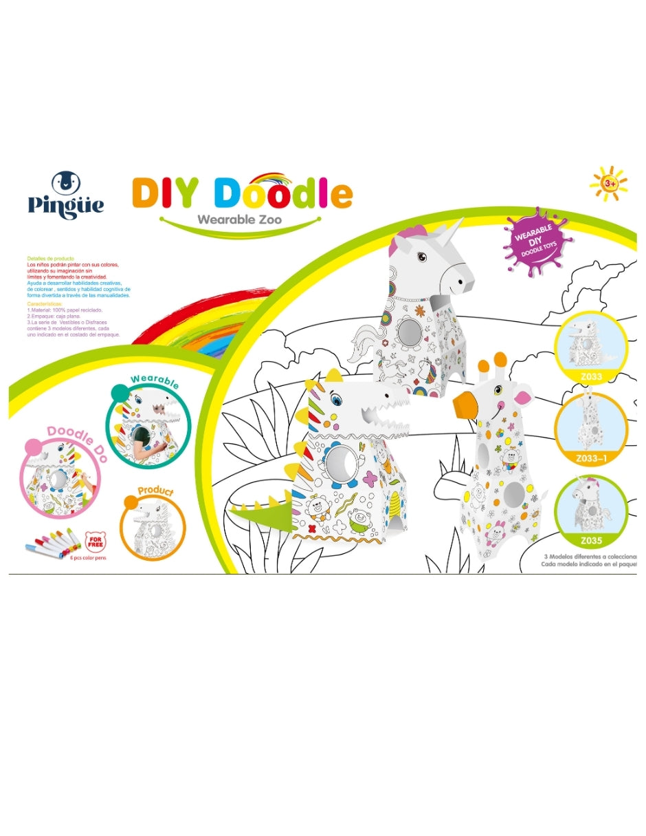 PINGÜE® DIY Doodle | Botarga Pullover Dinosaurio 37x82x79 | Armable para Niños | Apto para Pintar | Incluye 6 Marcadores de Colores | Uso Interior y Exterior | Amigable al Medio Ambiente | Juguetes Niños y Niñas | Juguete Educativo