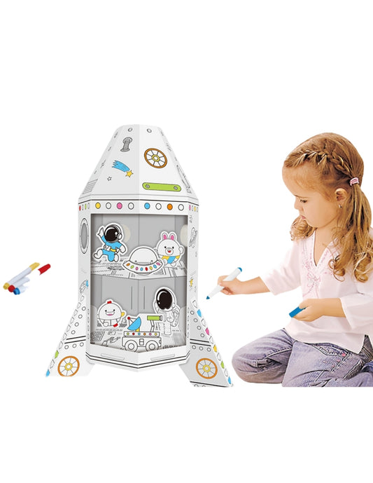 PINGÜE® DIY Doodle | Nave Espacial 32x28x46 | Armable de Cartón para Niños | Apta para Pintar | Incluye 3 Marcadores de Colores | Uso Interior y Exterior | Pulpa Vegetal Amigable al Medio Ambiente y Reciclable | Juguetes Niños y Niñas | Juguete Educativo