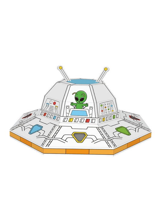 PINGÜE® DIY Doodle | Nave OVNI 38x38x25 | Armable de Cartón para Niños | Apta para Pintar | Incluye 3 Marcadores de Colores | Uso Interior y Exterior | Pulpa Vegetal Amigable al Medio Ambiente y Reciclable | Juguetes Niños y Niñas | Juguete Educativo
