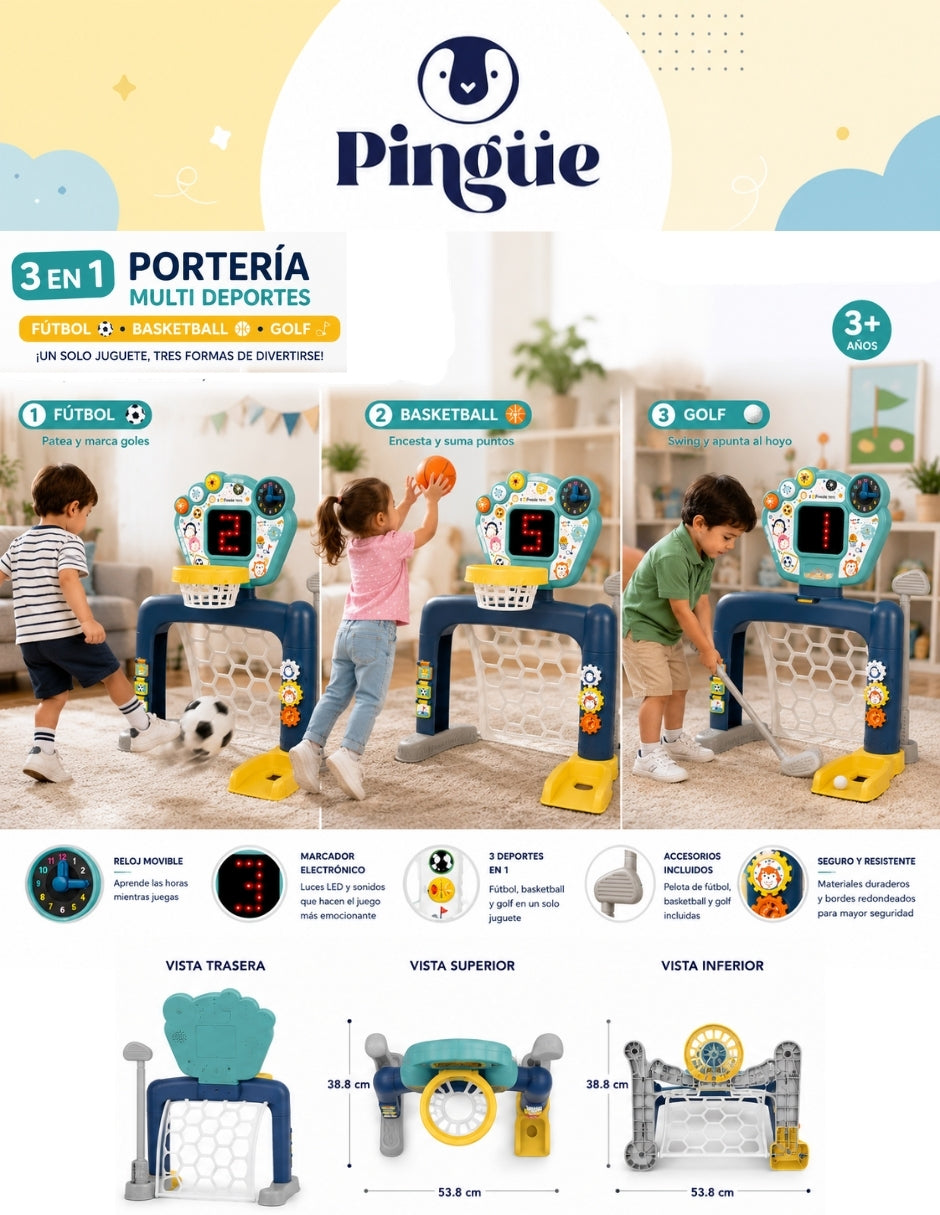PINGÜE® Outdoors and Sports | Centro Deportivo Infantil 3 en 1 Smart Shots, Fútbol, Basquetbol y Golf. Luces y Sonidos. Marcador con contador en Luz Led. 18+ meses. Tamaño 54x39x61. Utiliza 3 baterías de 1.5V tamaño AA no incluidas. Juguetes Niños y Niñas