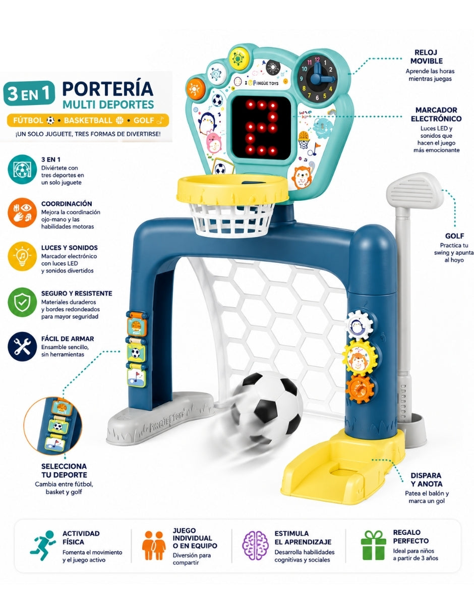 PINGÜE® Outdoors and Sports | Centro Deportivo Infantil 3 en 1 Smart Shots, Fútbol, Basquetbol y Golf. Luces y Sonidos. Marcador con contador en Luz Led. 18+ meses. Tamaño 54x39x61. Utiliza 3 baterías de 1.5V tamaño AA no incluidas. Juguetes Niños y Niñas