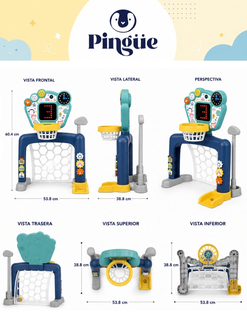 PINGÜE® Outdoors and Sports | Centro Deportivo Infantil 3 en 1 Smart Shots, Fútbol, Basquetbol y Golf. Luces y Sonidos. Marcador con contador en Luz Led. 18+ meses. Tamaño 54x39x61. Utiliza 3 baterías de 1.5V tamaño AA no incluidas. Juguetes Niños y Niñas