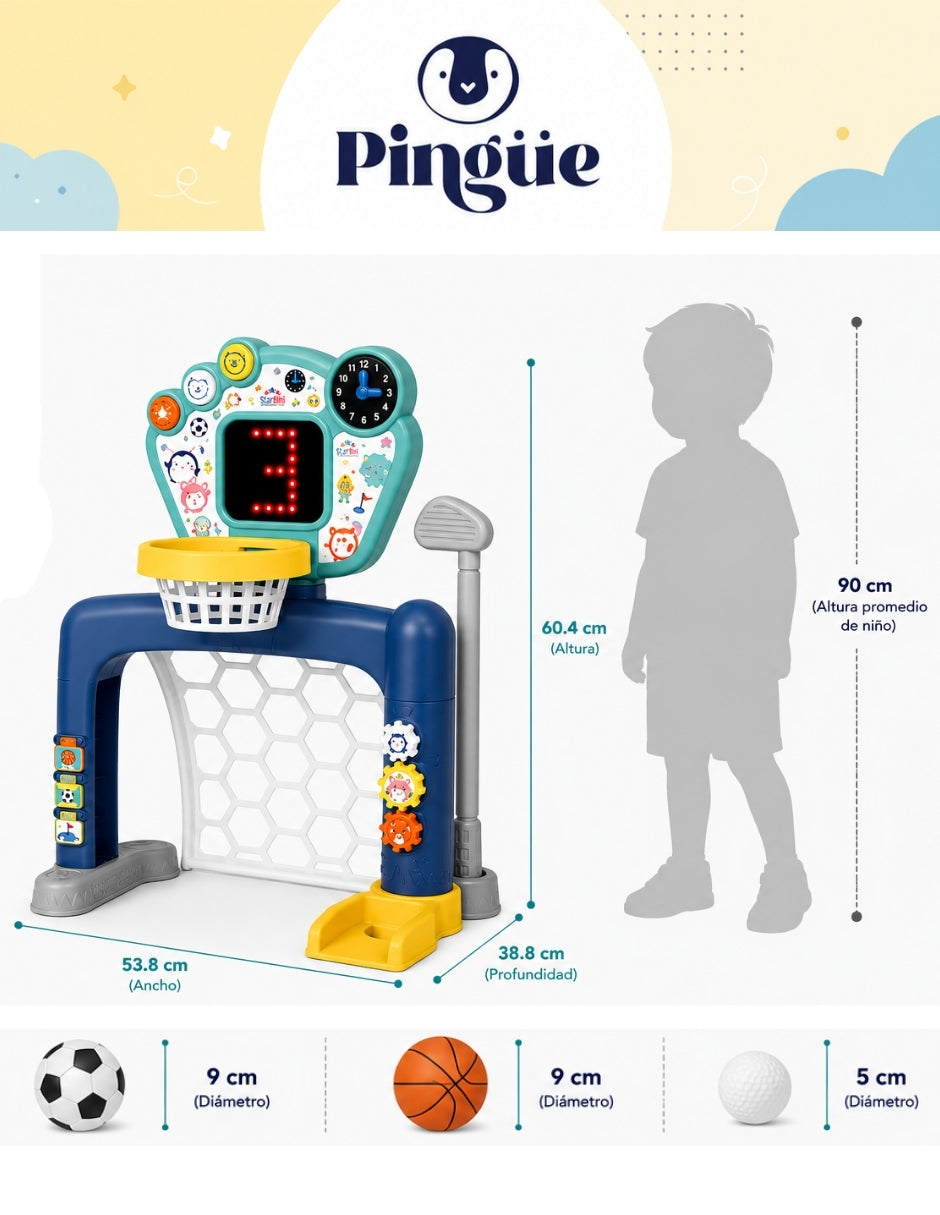 PINGÜE® Outdoors and Sports | Centro Deportivo Infantil 3 en 1 Smart Shots, Fútbol, Basquetbol y Golf. Luces y Sonidos. Marcador con contador en Luz Led. 18+ meses. Tamaño 54x39x61. Utiliza 3 baterías de 1.5V tamaño AA no incluidas. Juguetes Niños y Niñas