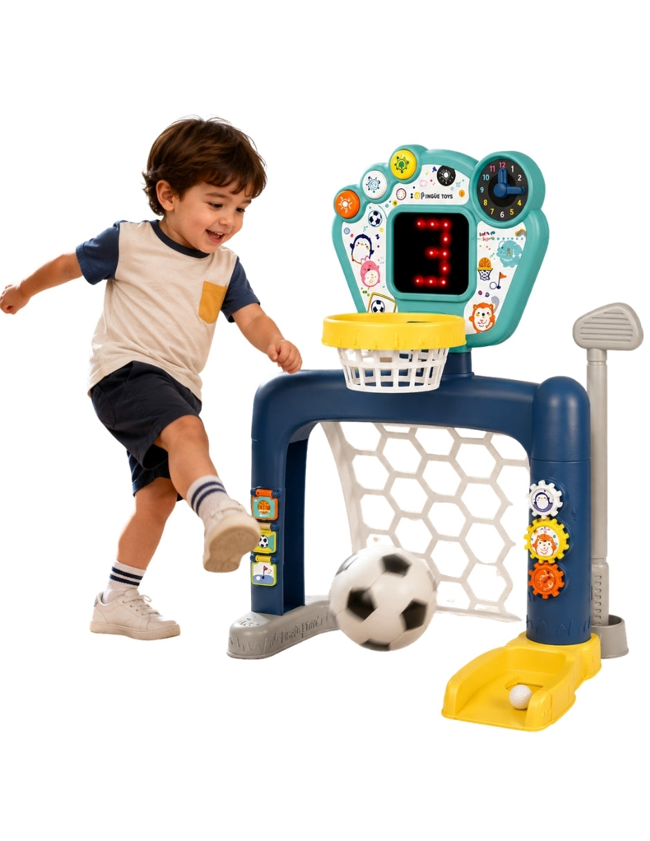 PINGÜE® Outdoors and Sports | Centro Deportivo Infantil 3 en 1 Smart Shots, Fútbol, Basquetbol y Golf. Luces y Sonidos. Marcador con contador en Luz Led. 18+ meses. Tamaño 54x39x61. Utiliza 3 baterías de 1.5V tamaño AA no incluidas. Juguetes Niños y Niñas