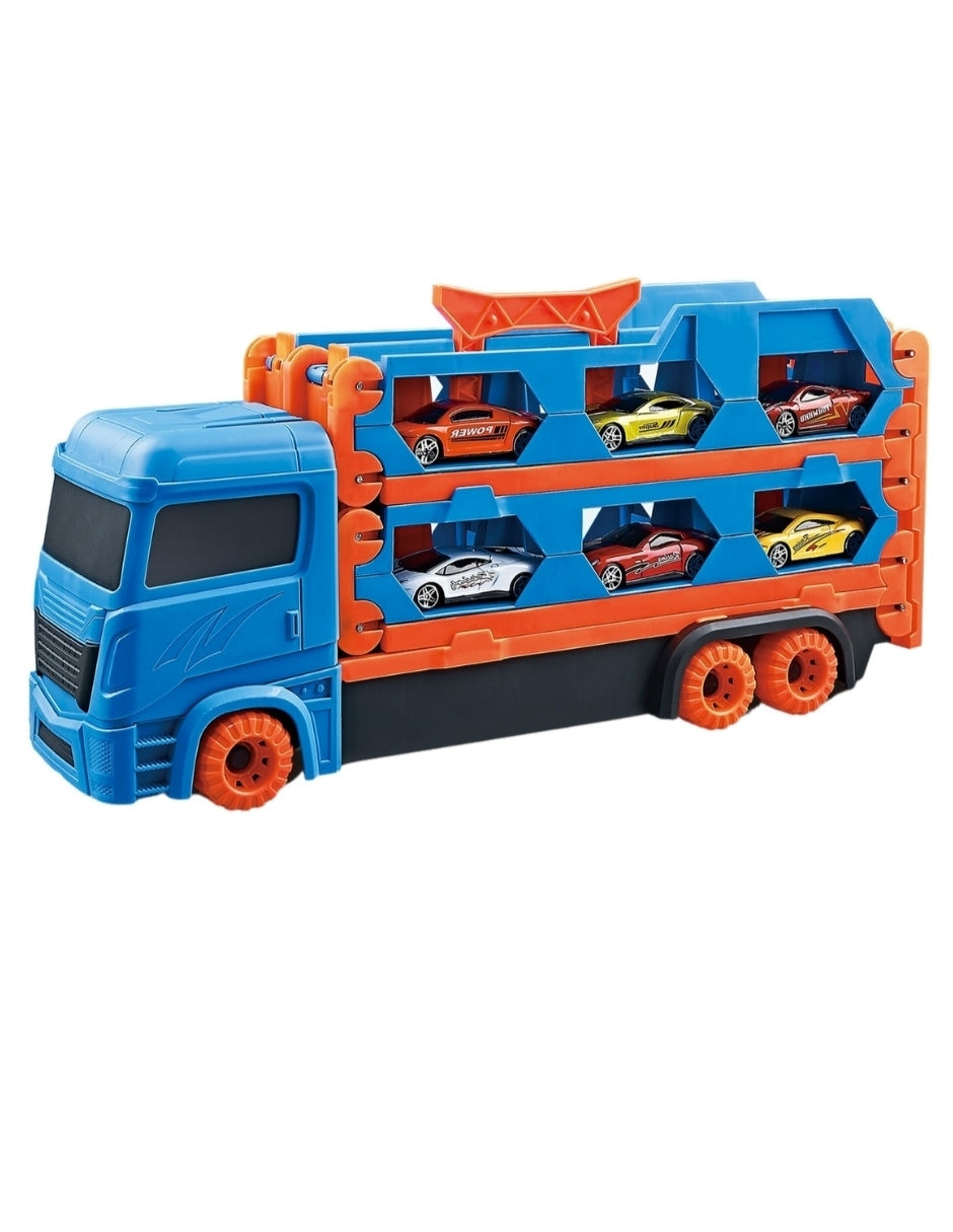 PINGÜE® City & Speed | Tráiler de Transporte y Almacenamiento | Pista de Alta Velocidad para Vehículos 1:64 | Hasta 12 Hot Wheels, Azul | Tamaño 37x11x19 | Juguetes Niños estilo Hot Wheels.