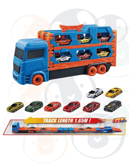 PINGÜE® City & Speed | Tráiler de Transporte y Almacenamiento | Pista de Alta Velocidad para Vehículos 1:64 | Hasta 12 Hot Wheels, Azul | Tamaño 37x11x19 | Juguetes Niños estilo Hot Wheels.