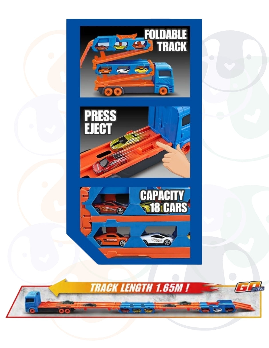 PINGÜE® City & Speed | Tráiler de Transporte y Almacenamiento | Pista de Alta Velocidad para Vehículos 1:64 | Hasta 12 Hot Wheels, Azul | Tamaño 37x11x19 | Juguetes Niños estilo Hot Wheels.