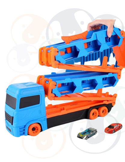 PINGÜE® City & Speed | Tráiler de Transporte y Almacenamiento | Pista de Alta Velocidad para Vehículos 1:64 | Hasta 12 Hot Wheels, Azul | Tamaño 37x11x19 | Juguetes Niños estilo Hot Wheels.