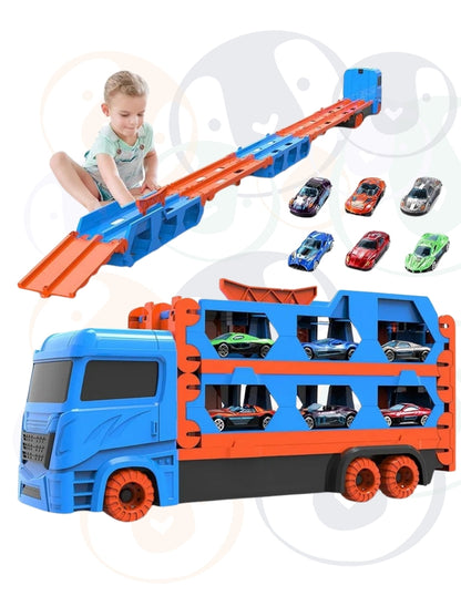 PINGÜE® City & Speed | Tráiler de Transporte y Almacenamiento | Pista de Alta Velocidad para Vehículos 1:64 | Hasta 12 Hot Wheels, Azul | Tamaño 37x11x19 | Juguetes Niños estilo Hot Wheels.