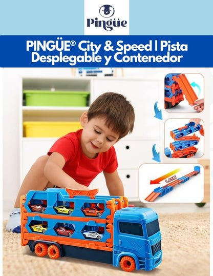 PINGÜE® City & Speed | Tráiler de Transporte y Almacenamiento | Pista de Alta Velocidad para Vehículos 1:64 | Hasta 12 Hot Wheels, Azul | Tamaño 37x11x19 | Juguetes Niños estilo Hot Wheels.