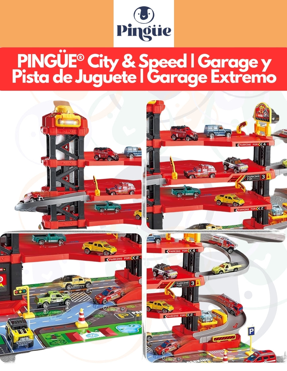 PINGÜE® City & Speed | Garage y Pista de Juguete | Garage Extremo | Estación de Bomberos de 4 Niveles con Luces y Sonidos | Tamaño 57x36x38 | Juguetes Niños estilo Hot Wheels.