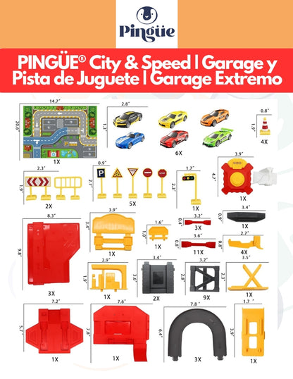 PINGÜE® City & Speed | Garage y Pista de Juguete | Garage Extremo | Estación de Bomberos de 4 Niveles con Luces y Sonidos | Tamaño 57x36x38 | Juguetes Niños estilo Hot Wheels.