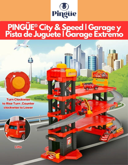 PINGÜE® City & Speed | Garage y Pista de Juguete | Garage Extremo | Estación de Bomberos de 4 Niveles con Luces y Sonidos | Tamaño 57x36x38 | Juguetes Niños estilo Hot Wheels.