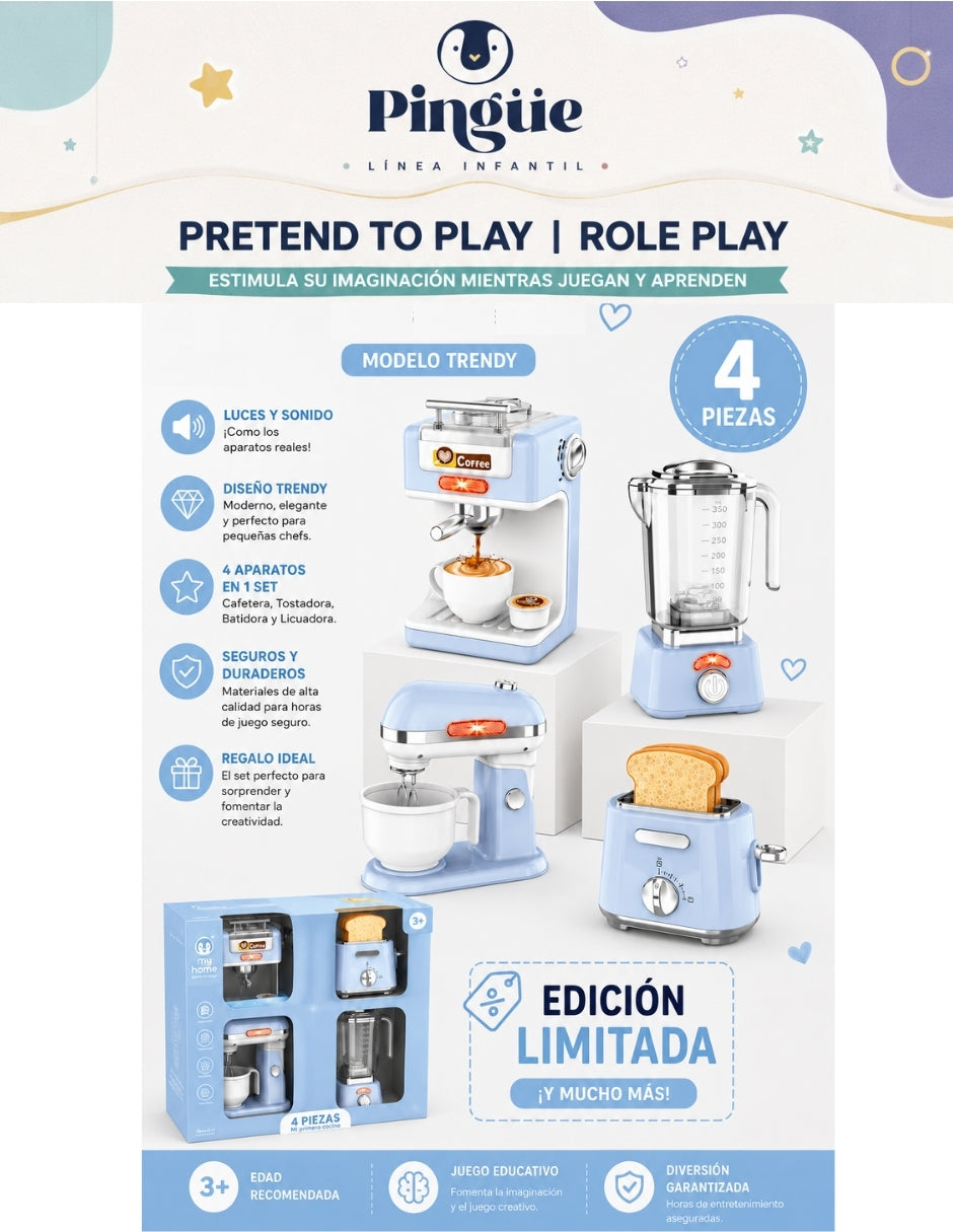 PINGÜE® Role Play Set de Cocina Trendy 4 Piezas Azul Pastel