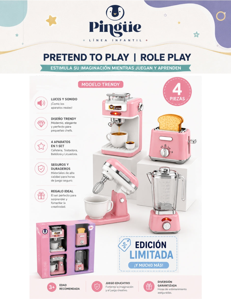 PINGÜE® Role Play | Paquete de 4 Piezas de Accesorios de Cocina Estilo Trendy, Color Rosa Pastel