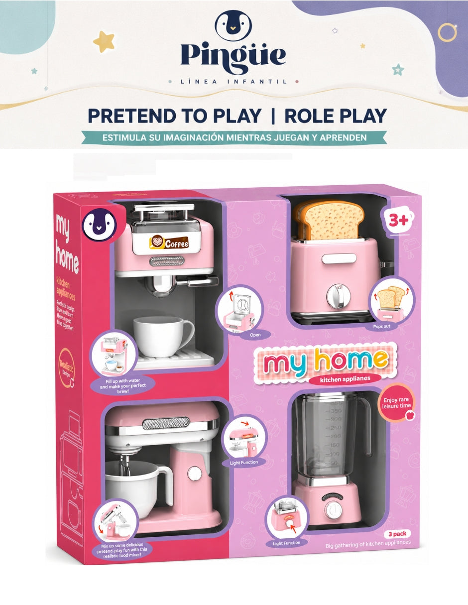 PINGÜE® Role Play | Paquete de 4 Piezas de Accesorios de Cocina Estilo Trendy, Color Rosa Pastel