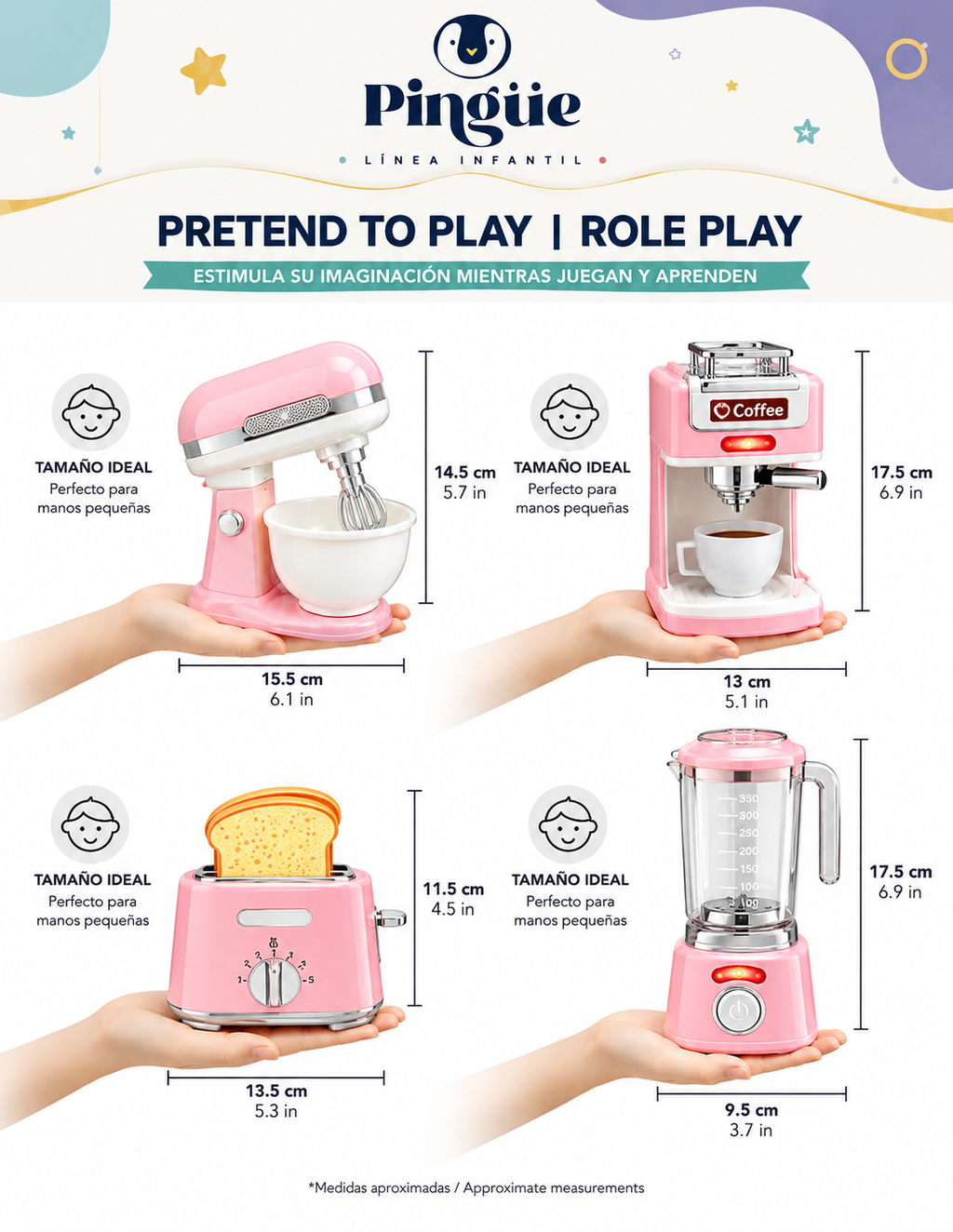 PINGÜE® Role Play | Paquete de 4 Piezas de Accesorios de Cocina Estilo Trendy, Color Rosa Pastel