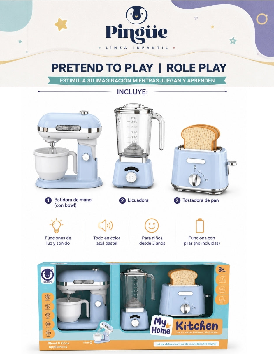 PINGÜE® Role Play Set de Cocina TRENDY de 3 Piezas Azul Pastel