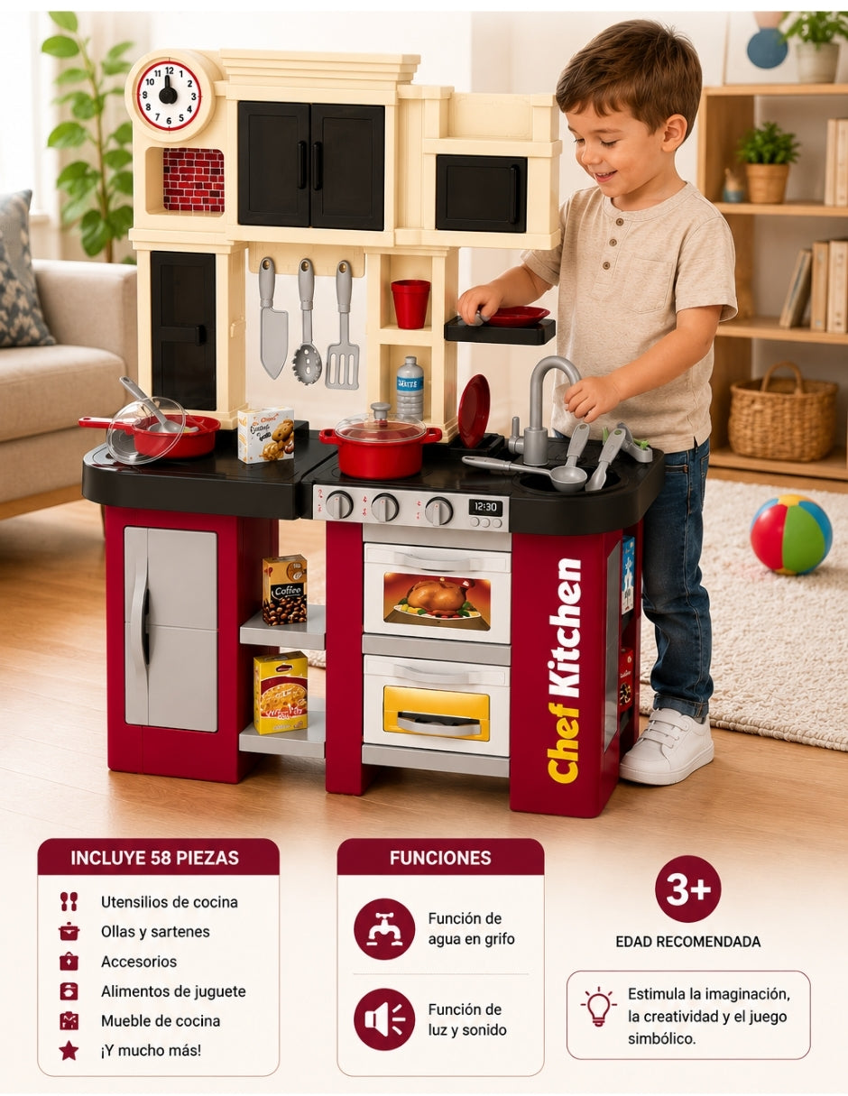 PINGÜE® Role Play Cocina Infantil Mini Chef 58 Piezas con Luces y Sonidos