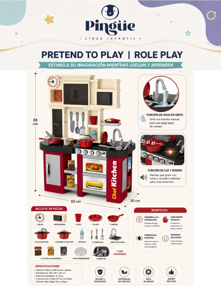PINGÜE® Role Play Cocina Infantil Mini Chef 58 Piezas con Luces y Sonidos