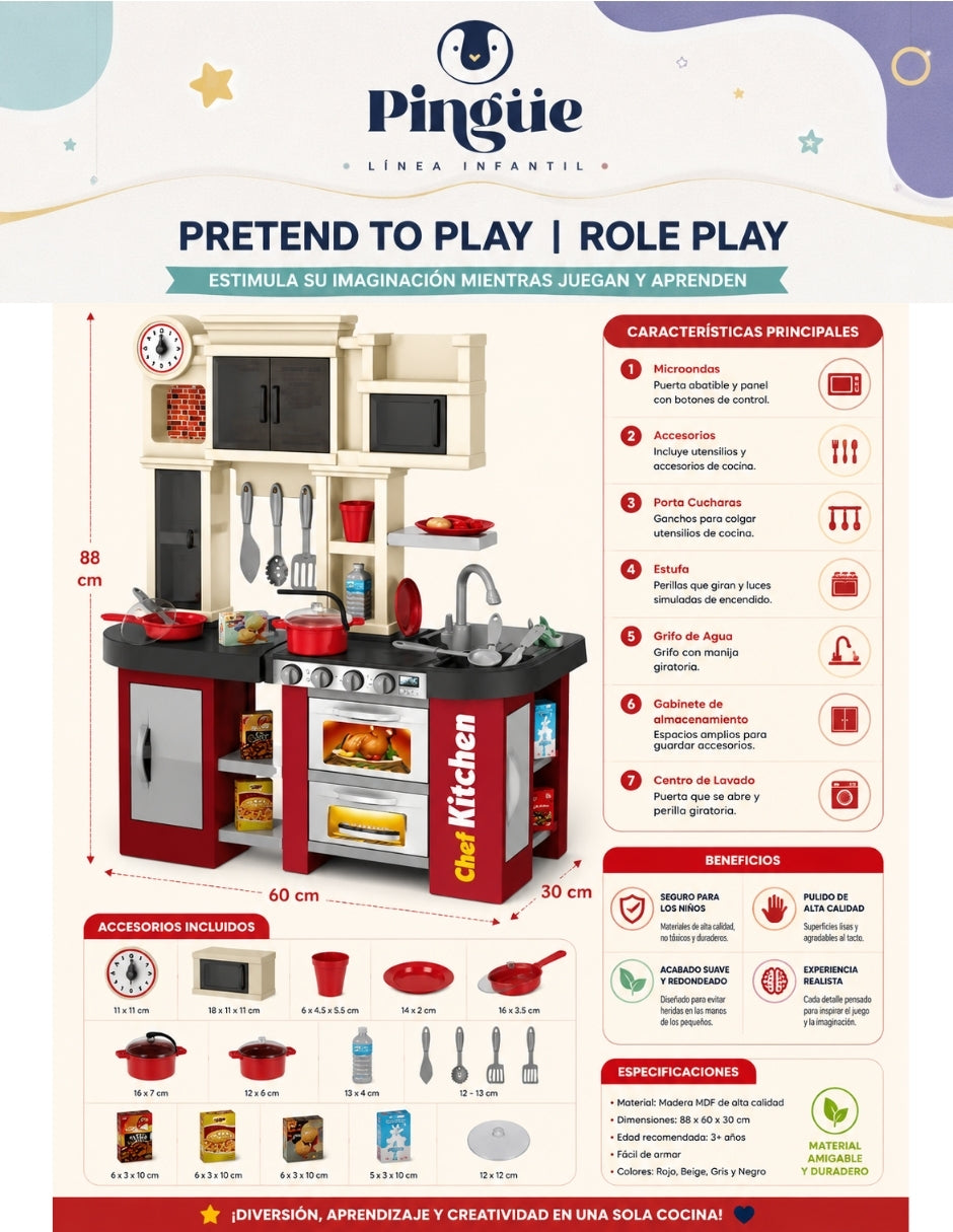 PINGÜE® Role Play Cocina Infantil Mini Chef 58 Piezas con Luces y Sonidos