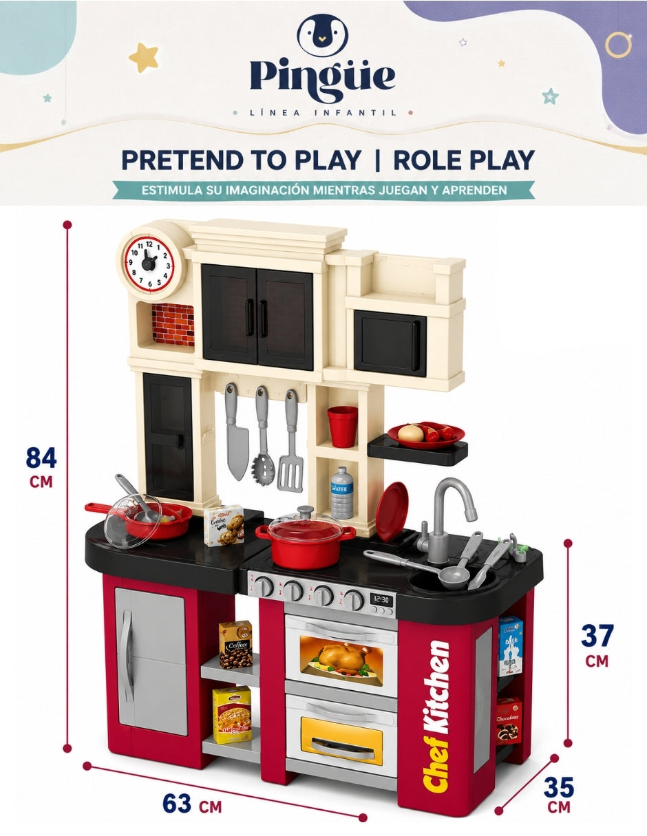 PINGÜE® Role Play Cocina Infantil Mini Chef 58 Piezas con Luces y Sonidos