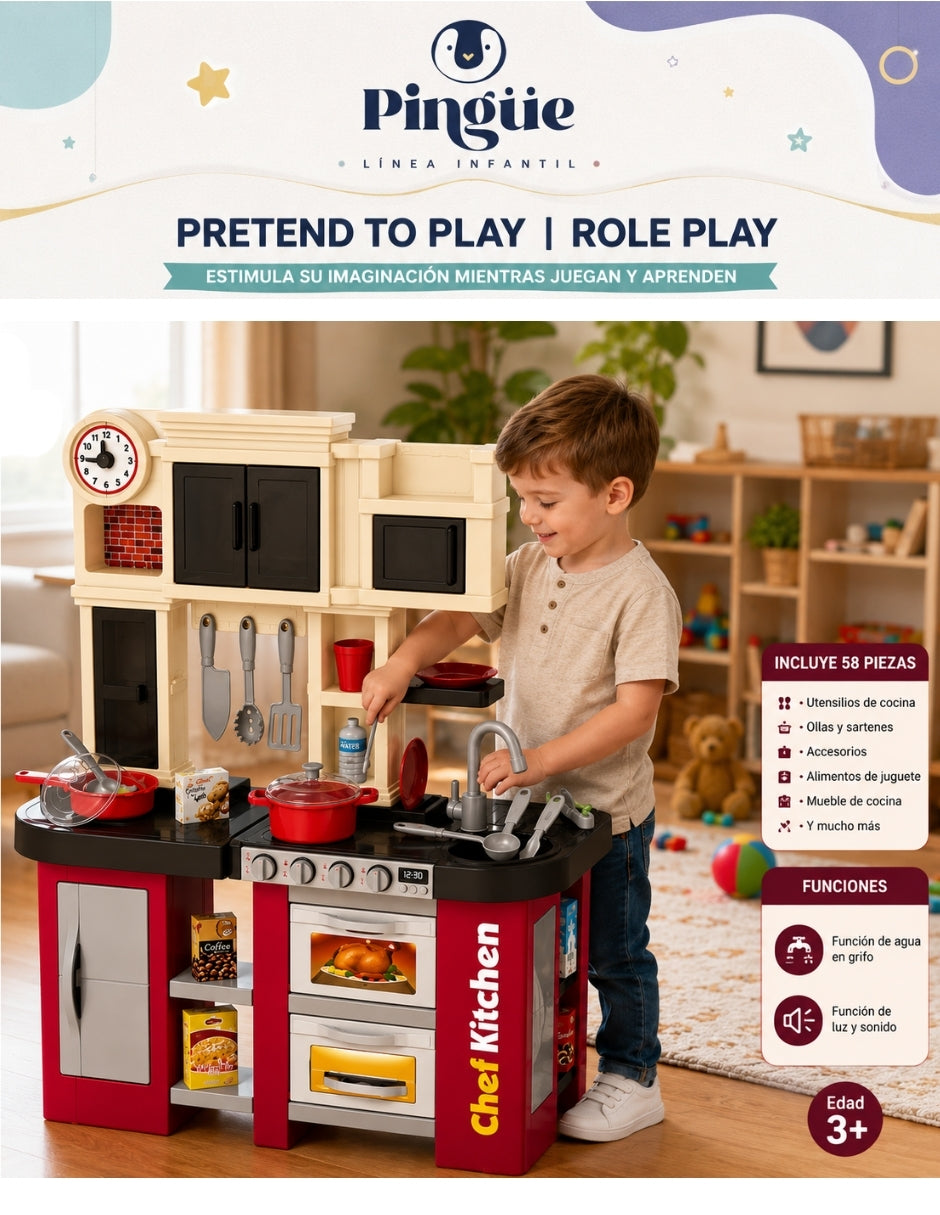 PINGÜE® Role Play Cocina Infantil Mini Chef 58 Piezas con Luces y Sonidos